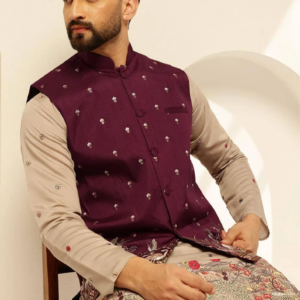Maroon and Beige Embroidered Men’s Kurta Set