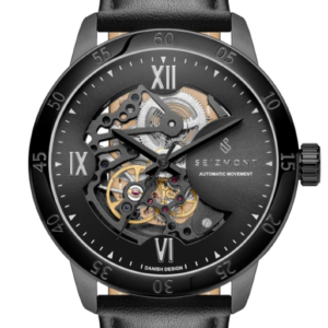 Seizmont Automatic Skeleton Black Leather Watch (Danish Design)